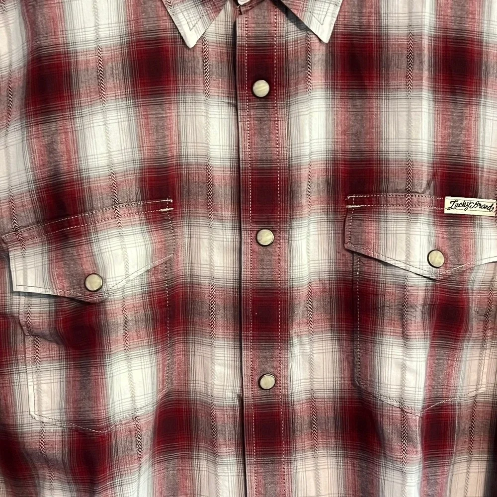 EUC Lucky Brand Mens Red Plaid Western Pearl Snap Shirt XL 7MD41077 Long Sleeve